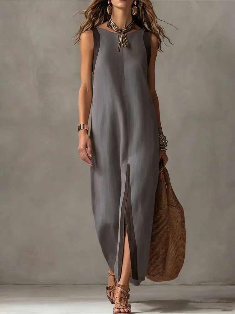 Sleeveless Round Neck Mid-waist Dress Asymmetric Hem Maxi Dress 2026 Front Slit Contrast Color Decoration Casual Women's Dress