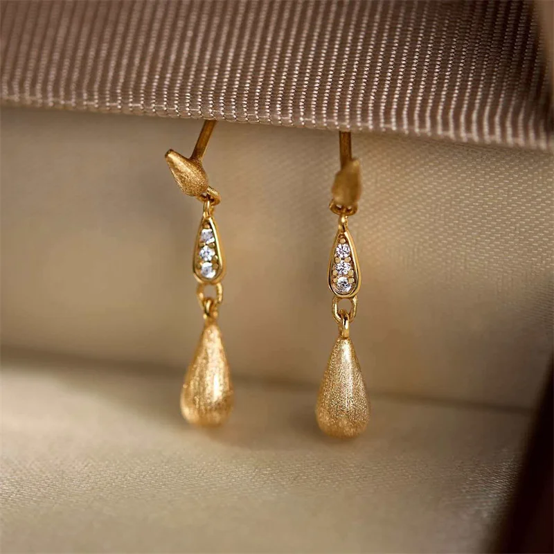 

Luxury 24K Gold Color Brushed Water Drop Earrings, Shiny Zircon Stud Earrings Women Fashion High Grade Jewelry Gift