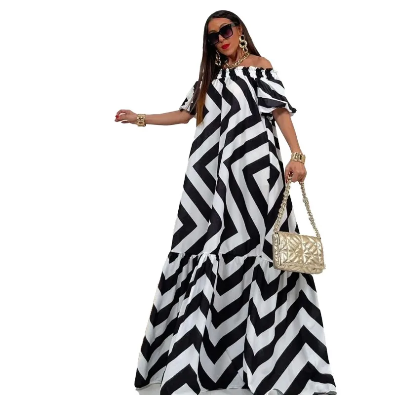 Wsfec L-3XL Plus Size Dresses for Women Clothing Short Sleeve Slash Neck Stripe Pleated Loose Sexy Summer Casual Long Dress