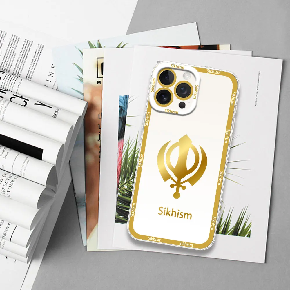 Khanda Sikh Symbol Sikhism Phone Case for iPhone 12 11 13 14 15 16 Max Pro Plus Transparent Bezel Shell