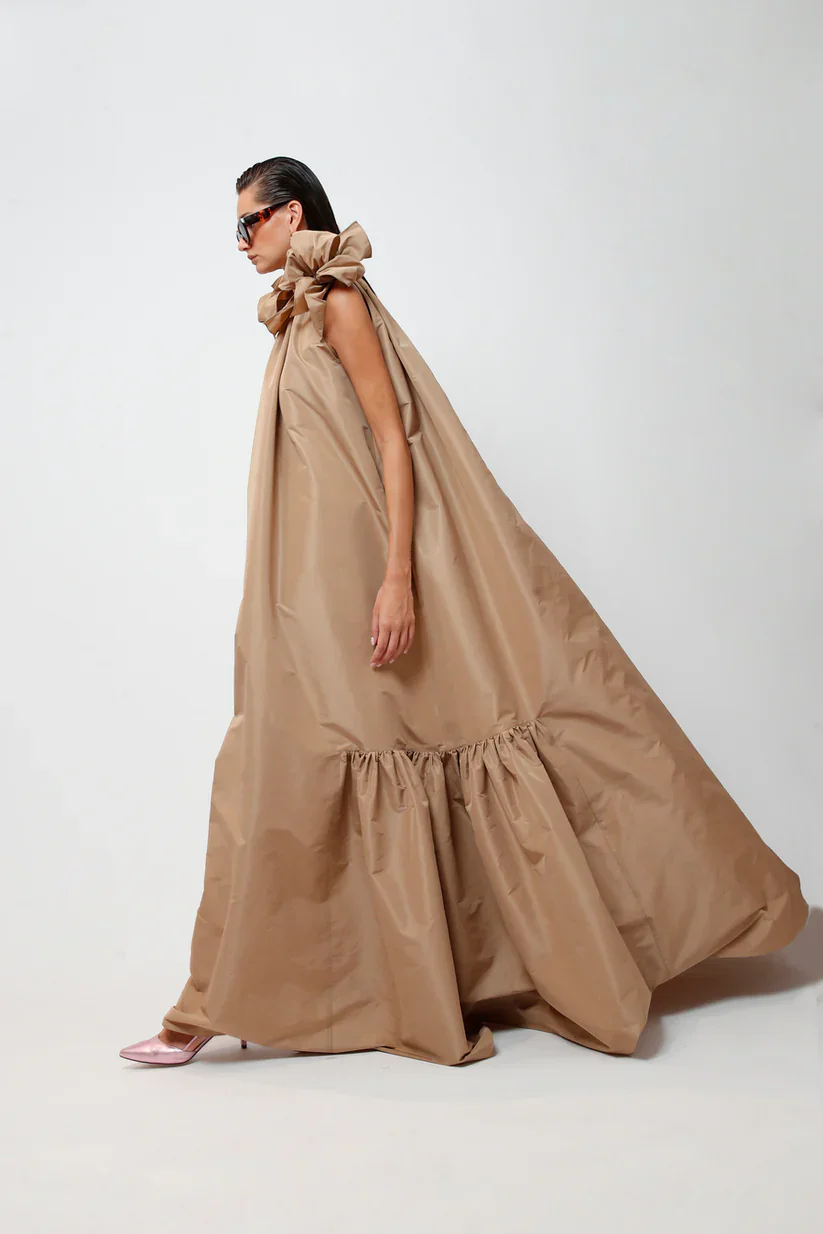 Gorgeous Silk Taffeta Caftan Maxi Dress Puff Sleeves Big Bow Khaki Evening Dresses Oversize فساتين للحفلات الراقصة Formal Gowns