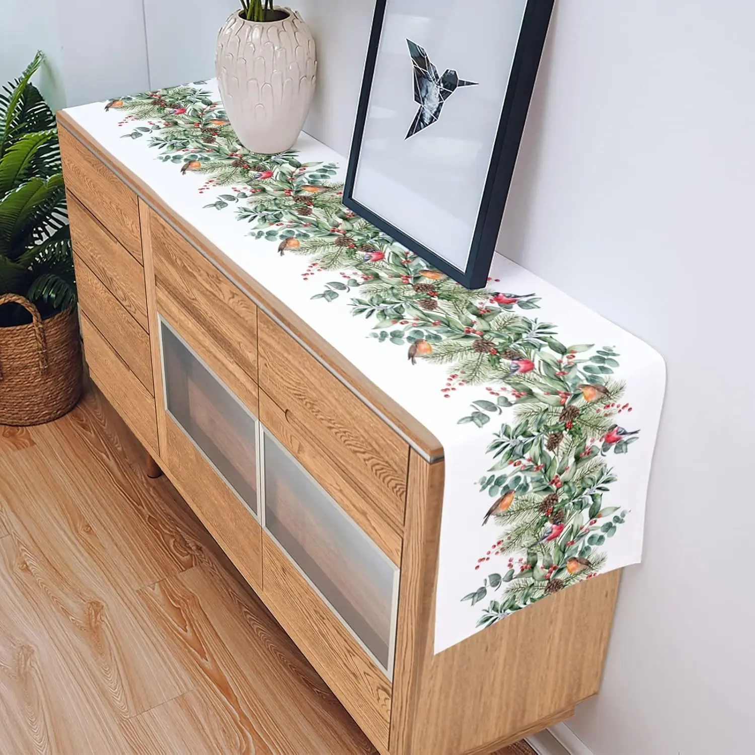 Christmas Pine Needles Berries Eucalyptus Leaves Table Runner Party Decor Washable Kitchen Dining Table Runner Xmas Decorations