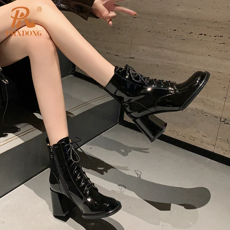 PRXDONG 2023 New Brand Genuine Leather Square High Heels Lace Up Autumn WInter Warm Ankle Boots Lady SHoes Dress Office SIZE 41