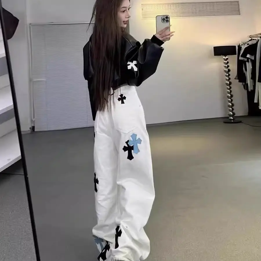 Pantalones vaqueros de pierna ancha con cruz blanca coreana de alta calidad para mujer, nuevo aspecto de verano y otoño, pantalones de pierna recta holgados y ajustados