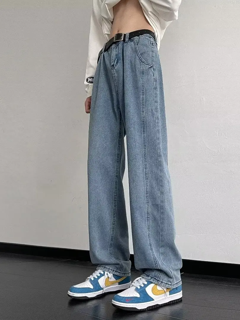 

Retro American Denim Jeans Men's Loose Straight Legged Vintage Washed Wide Leg Long Trousers Casual Straight Loose Fit Jeans