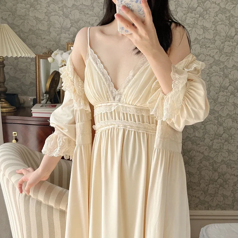 

Sexy Cotton 2 Pieces Robe Sets For Lady Vintage Soft Lace Robes Royal Roupas De Dormir Femininas Loose Sleepwear Autumn Spring