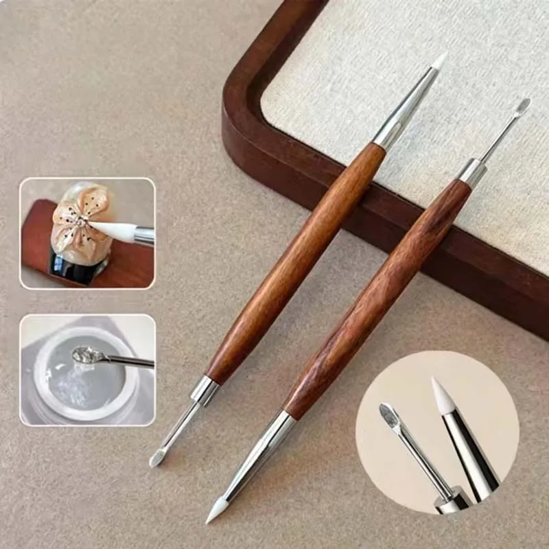 1Pcs Double Headed Sandalwood Nail Pens Silicone Carving Pens Embossing Painting Pens Stainless Take Glue pens Nail Special Tool