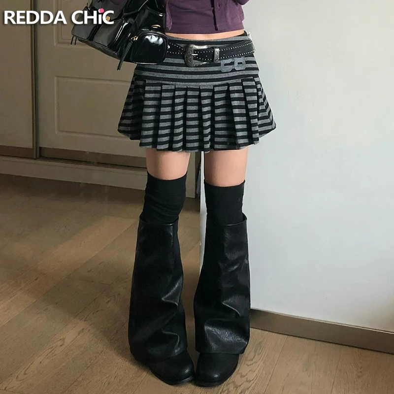 

ReddaChic Women Low Rise Striped Pleated Skirt Vintage Gray Print Number Draped Liner Shorts Mini Skirt Casual Summer Clothes