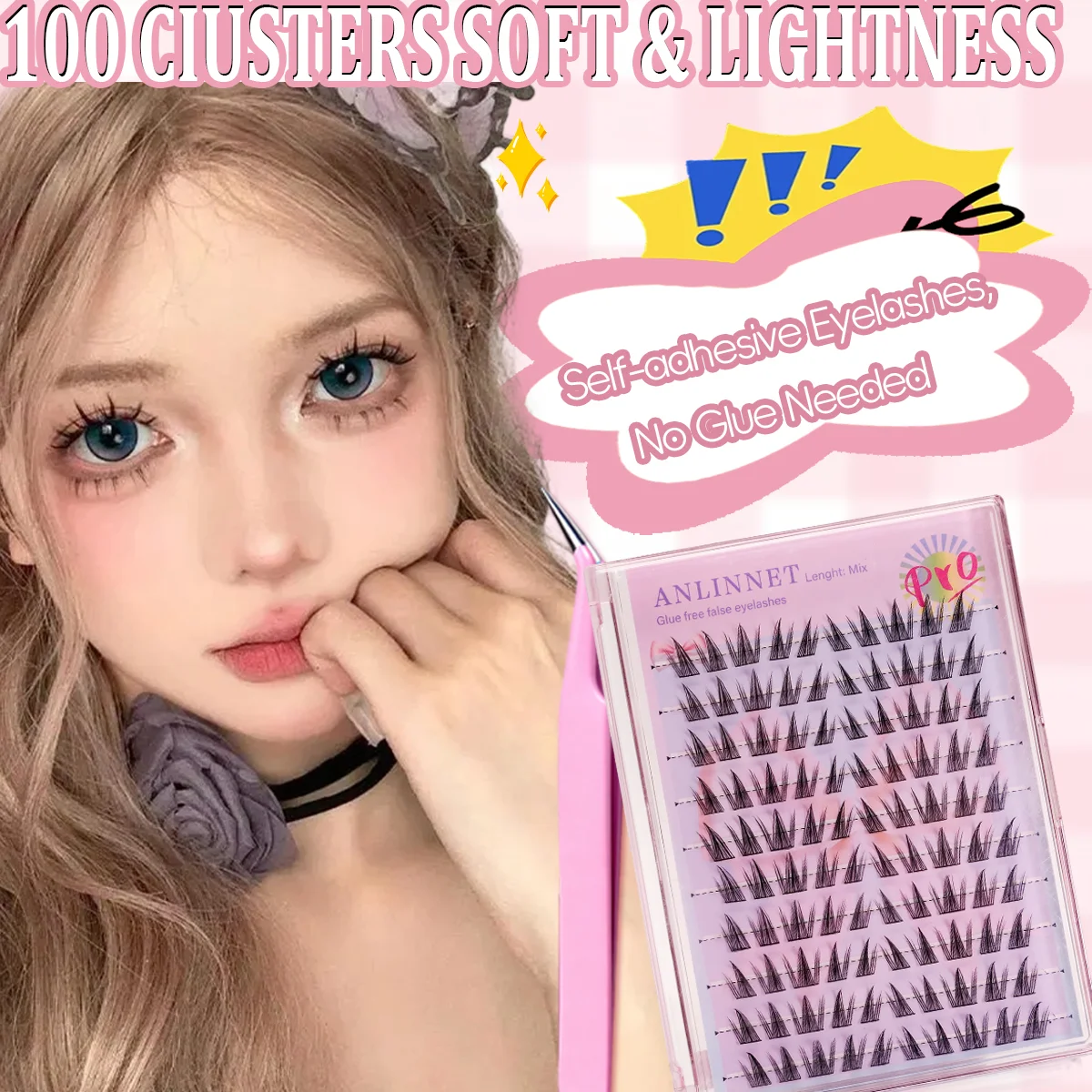 ひまわりアニメ風つけまつげ 100個入り 自己粘着式 グルー不要 10-13mm セグメント長さ