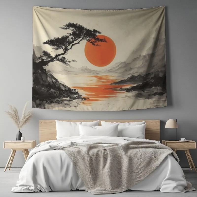 VIKAMA Japanese Ink Painting Tapestry Wall Hanging Red Sun Pine Tree Lake Reflection Sumi E Aesthetic Wall Art Bedroom Decor