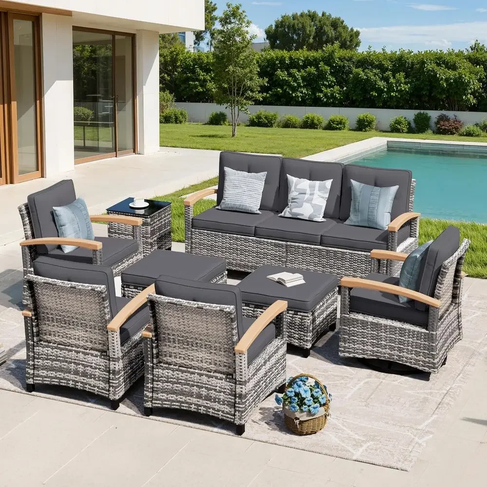 

8-Piece Outdoor Wicker Patio Furniture Set with Swivel Glide Chairs and 3-Seat Sofa in Grey