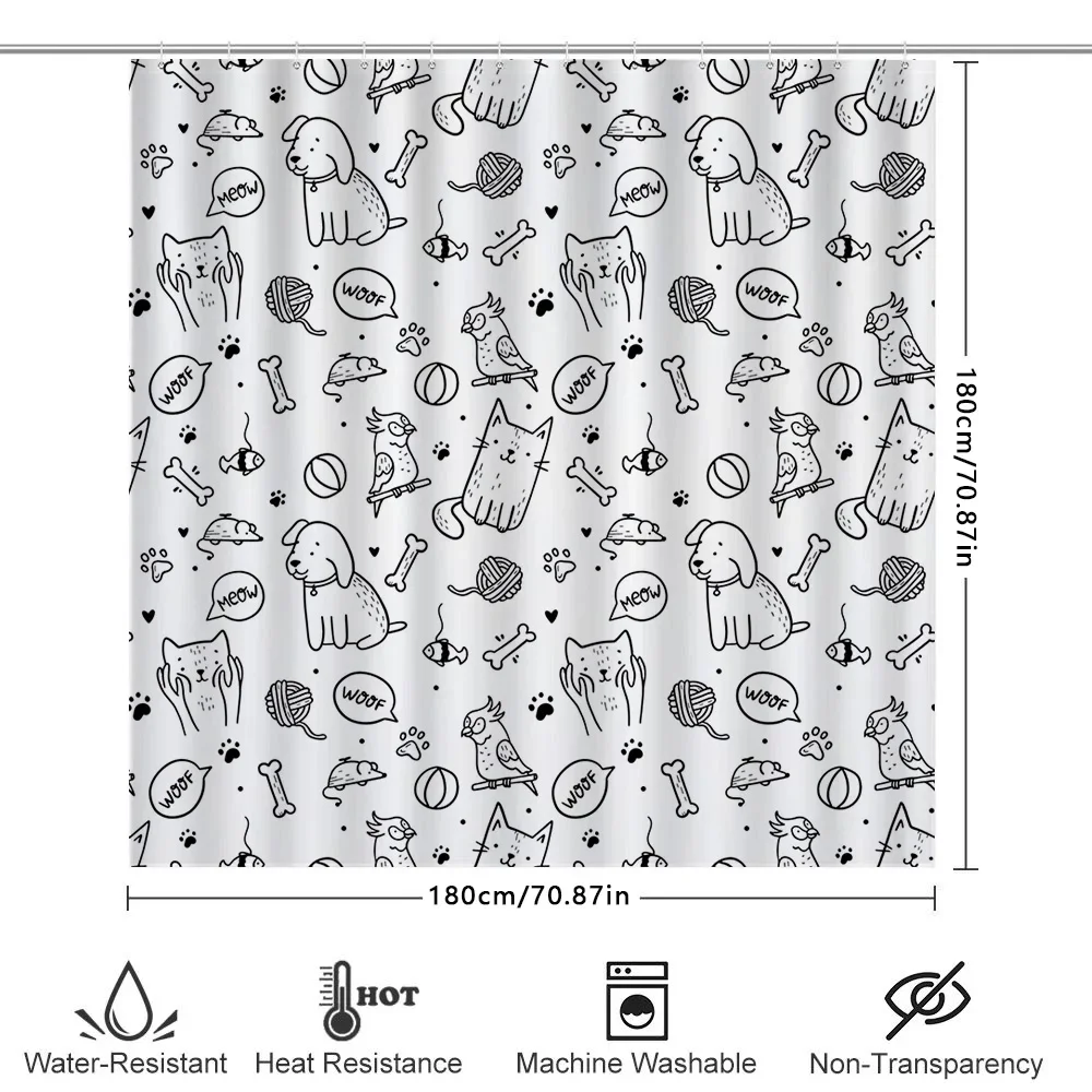 مجموعة ستائر الدش المطبوعة على شكل حيوانات باللون الأسود والأبيض على شكل كلب قطة ديكور الحمام لمستلزمات إعادة تشكيل المطبخ المنزلي سهلة التركيب وات #6