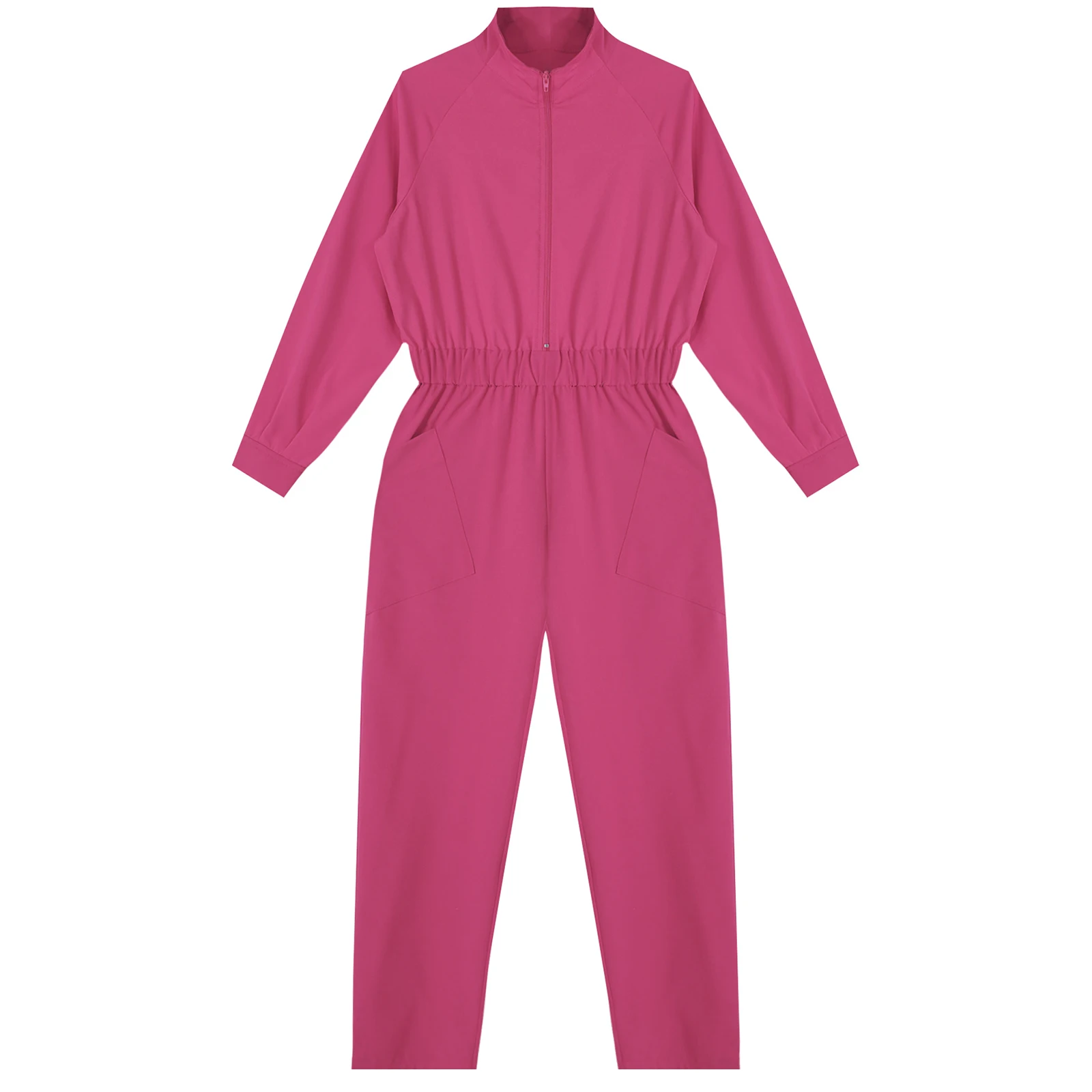 Baju kodok anak perempuan, Jumpsuit kasual warna Solid lengan panjang kerah berdiri, Jumpsuit pinggang elastis dengan saku