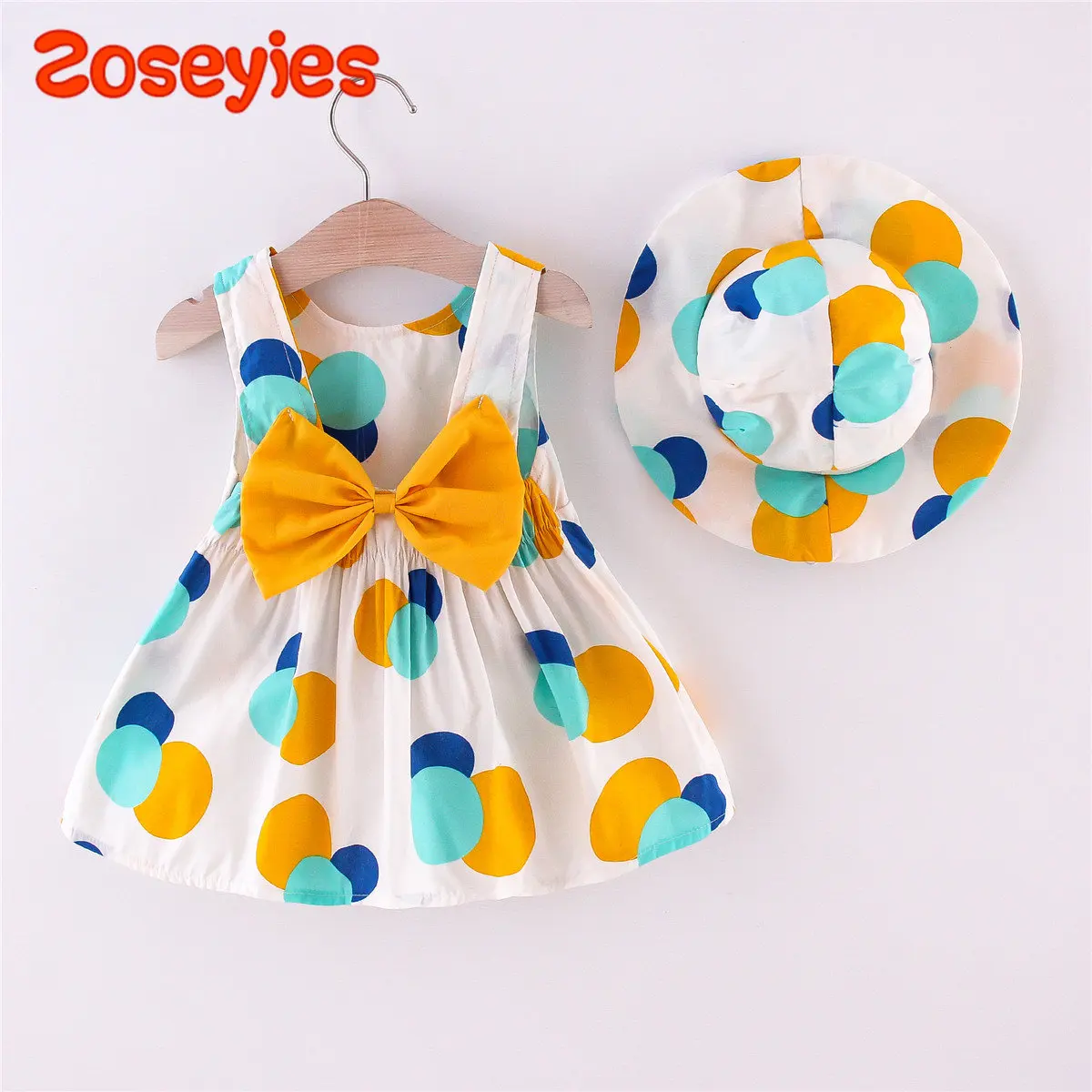 2 Pcs Girls Dress In Stock Summer 2023 New Style Big Bow Contrast Color Polka Dot Printing Princess With The Same Hat