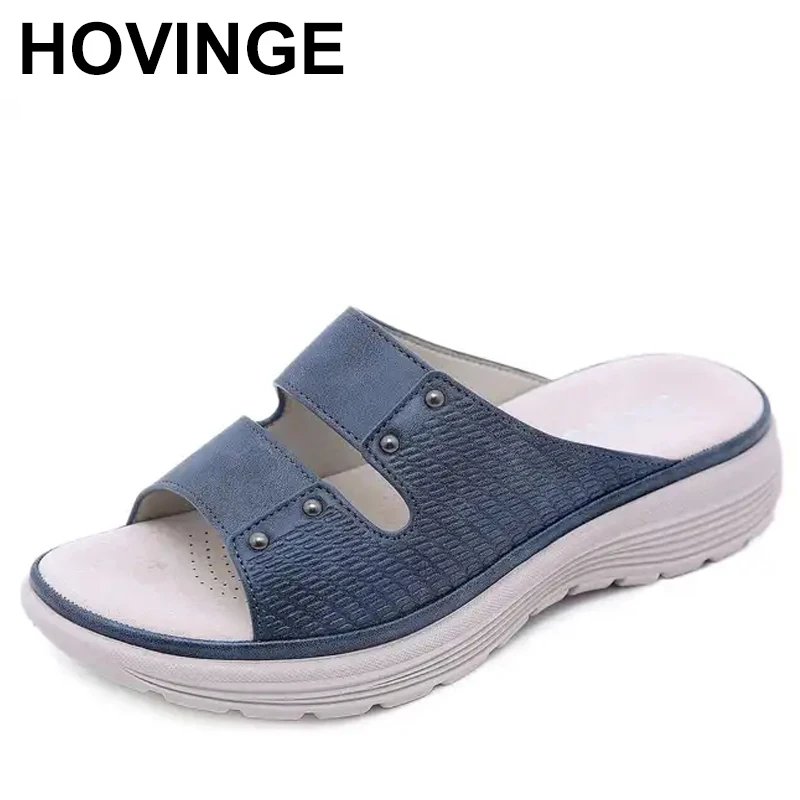 

Summer Fashion Sport Wedge Slippers Women Leather Simple Rivet Slides Green Outside Leisure Office Lightweight Blue