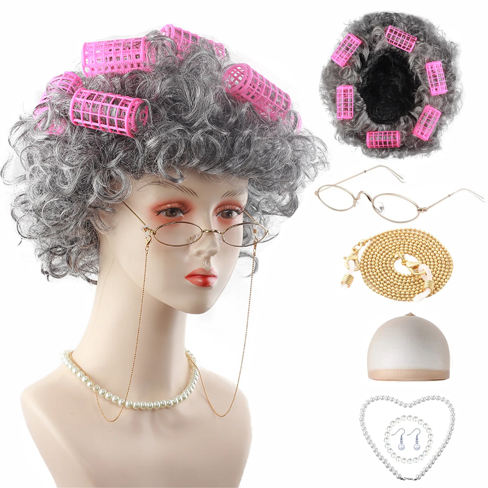 

Old Lady Costume Set 100 Days of School Children's Comedy Grandma Dressing Up Stage Performance Wig Accessories Props