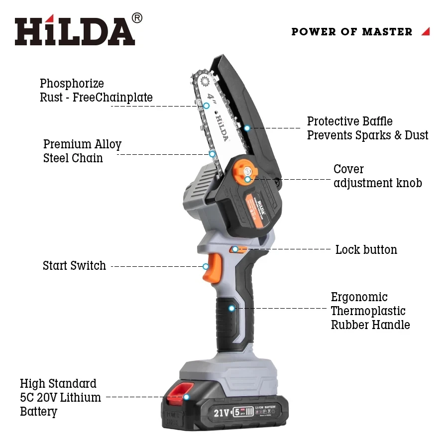 HILDA 21V Cordless Chain Saw 4 Inch Portable Mini Saw Lithium Electric Logging Saw Power Tools Garden Tools