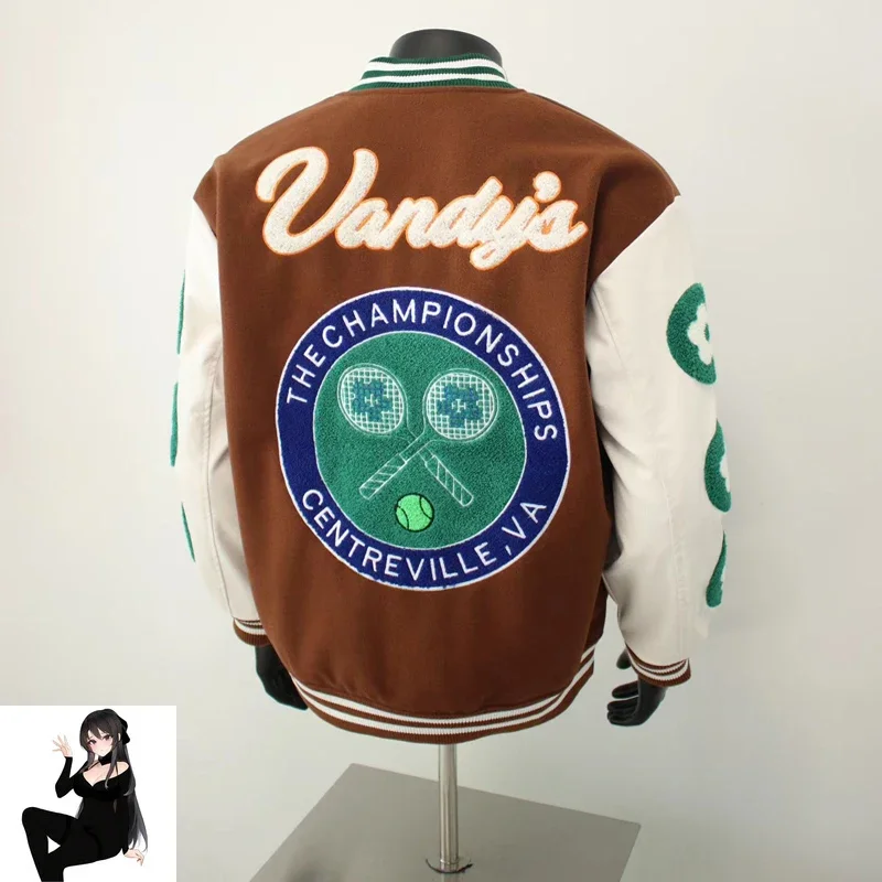 Vandy The Pink Embroidery Green Crossed Racket Club Jacket Men Women Patchwork Leather Sleeve Stylish Outerwear Men's Clothing