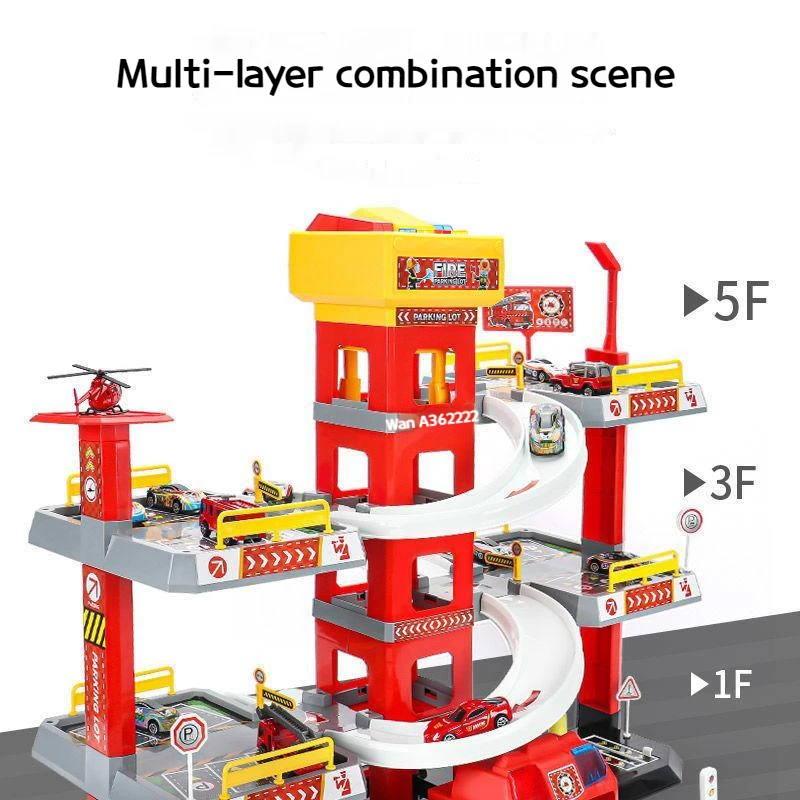 2023 New Children\'s Electric Track Parking Lot Boydiyassembling Multi-layer Rail Car Police Car Fire Truck Parking Toy