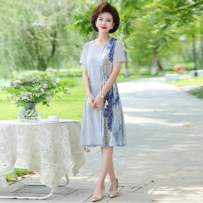 2023NEW Elegant Chiffon Short Sleeve Dress Middle Aged Women'S Summer Mothers Slim fit Patchwork Tether Dresses