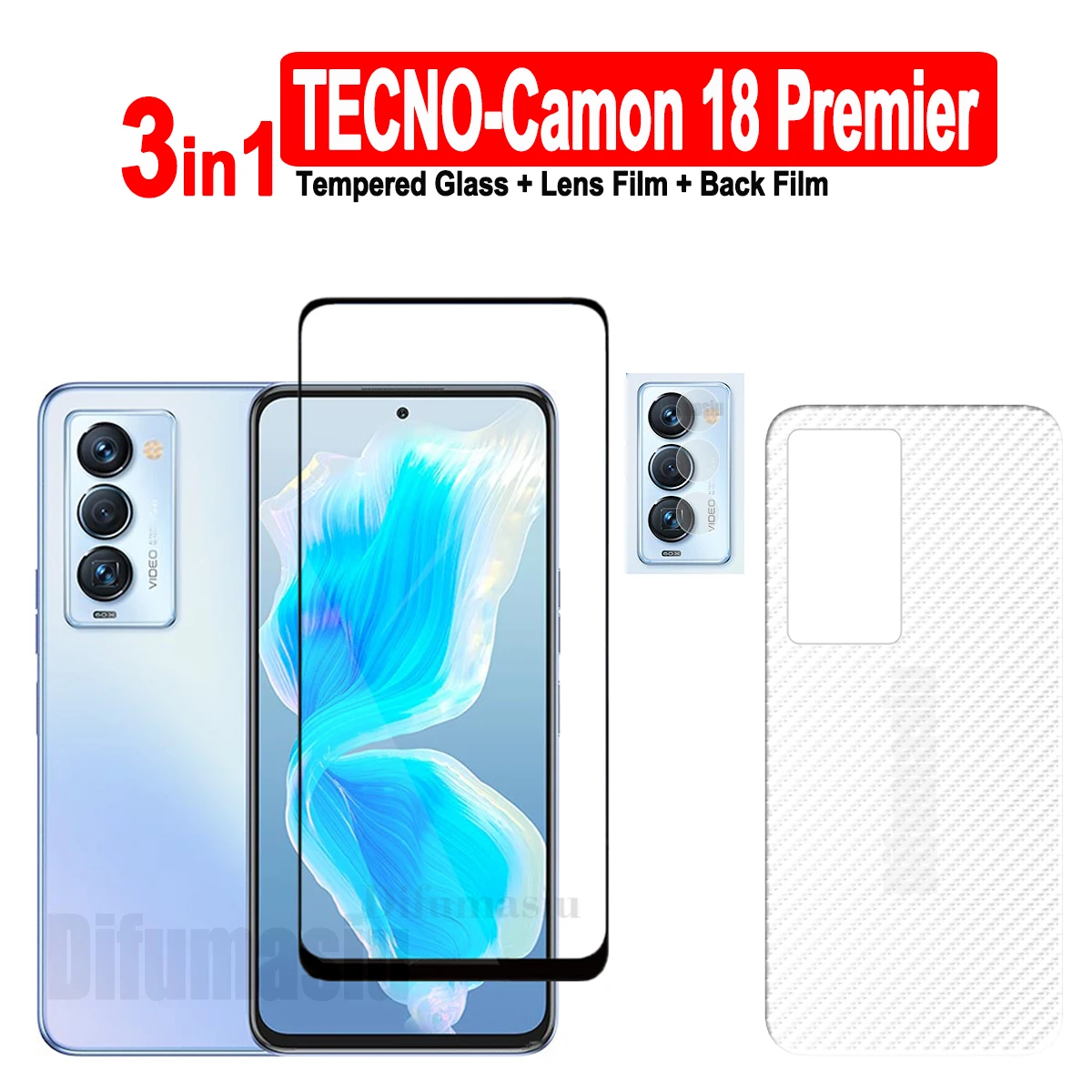 

For Tecno Camon 18 Premier Tempered Glass Screen Protector Soft Camera Lens Protector Full Cover Screen Glass 3in1 Back Film