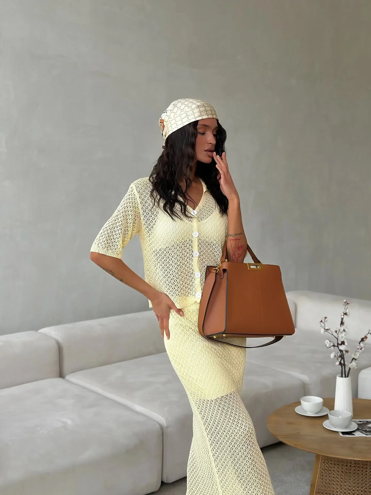 Sumuyoo 2026 Spring Summer New Hollow Knitted Set Flip Collar Perspective Cardigan Top High Waist Half Skirt Two Piece Set