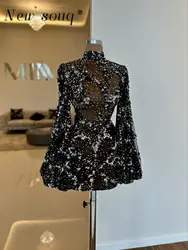 Short Black Sequins Prom Dresses with Puffy Long Sleeves High Neck Silver Floral Beads Sexy Illusion Party Gowns Vestido De Gala