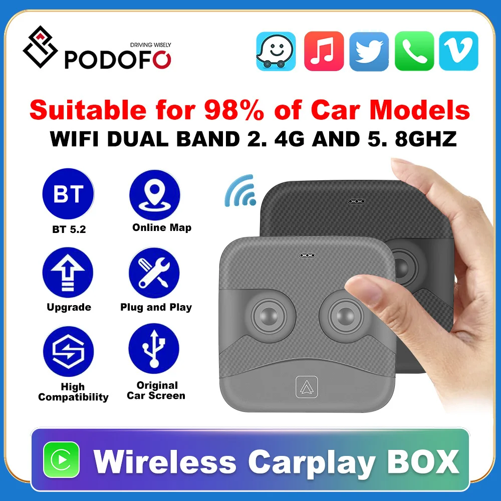 Podofo Original Car Wired CarPlay to Wireless CarPlay Box Wireless Android Auto Adapter for Audi Toyota Volkswagen