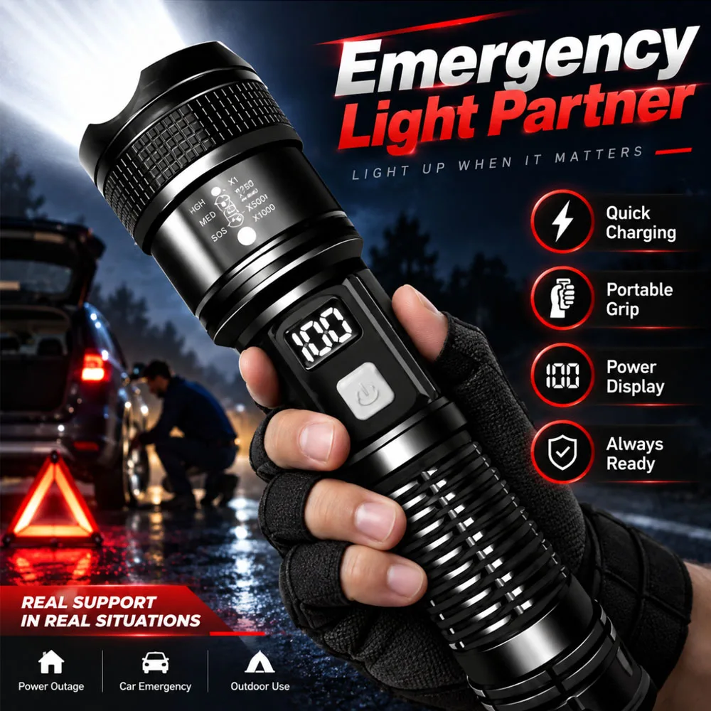 Digital Power Display Rechargeable Flashlight Type-C Fast Charge Tactical Torch Mechanical Zoom Long Distance Spotlight Portable
