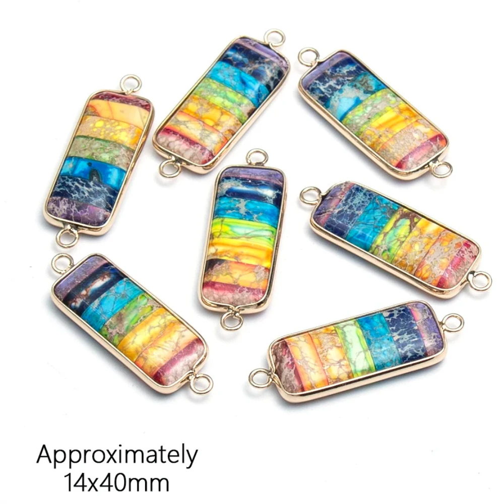 

1PC 14x40mm Imperial Stone Double Hole ConnectorNatural Stone Pendant Colorful Rectangle Jewelry Accessories DIY Making