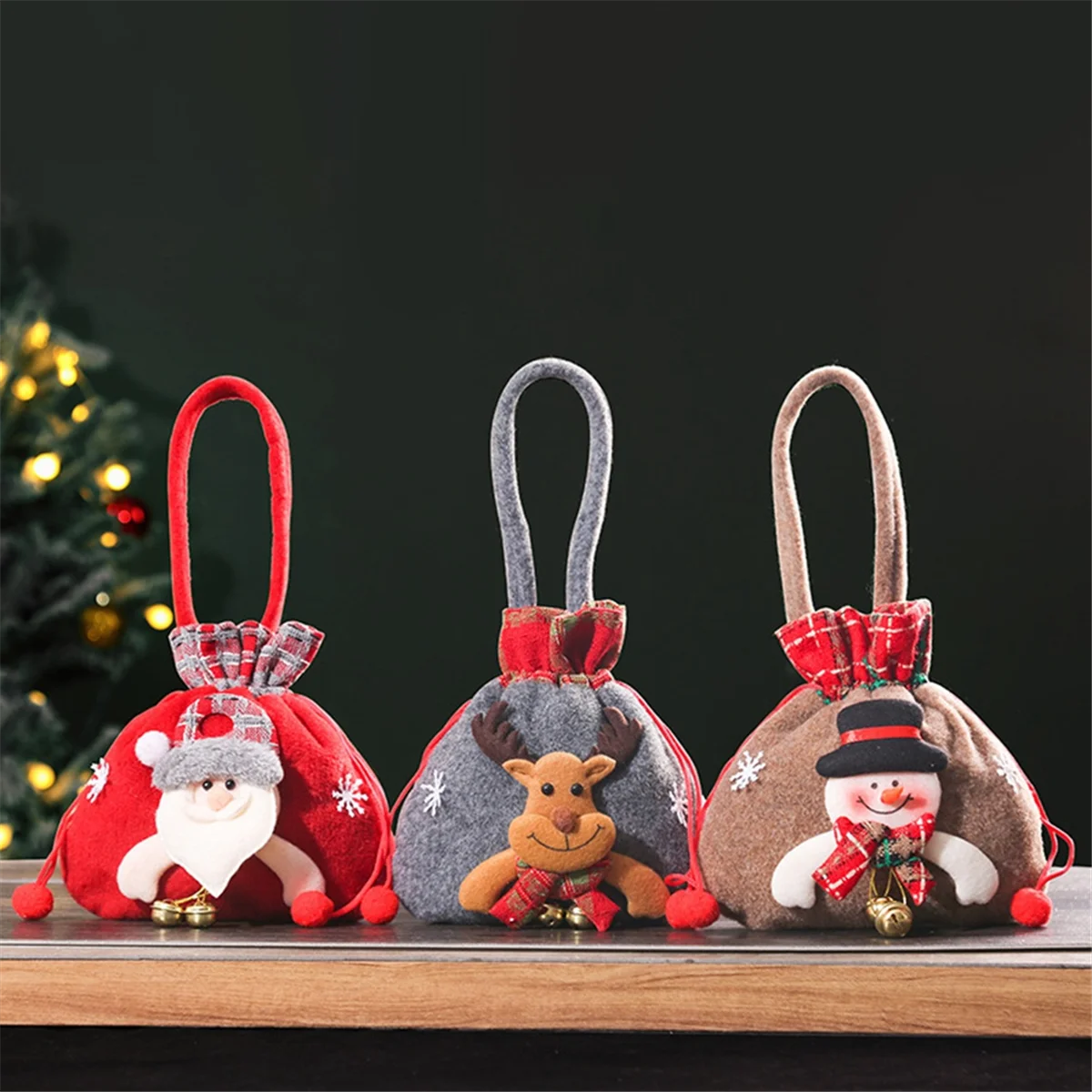 3Pcs Christmas Eve Apples Bags, 3 Styles Drawstring Christmas Bags 3D Xmas Gift Bags Reusable Gift Doll Bags