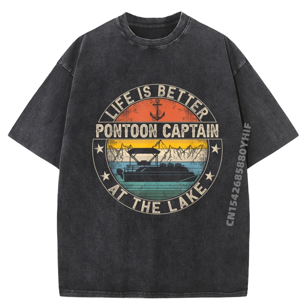 

Pontoon Captain Life Is Better At The Lake Teeshirt Brand Clothing Mens Retro Washed Tops T Shirt Family
