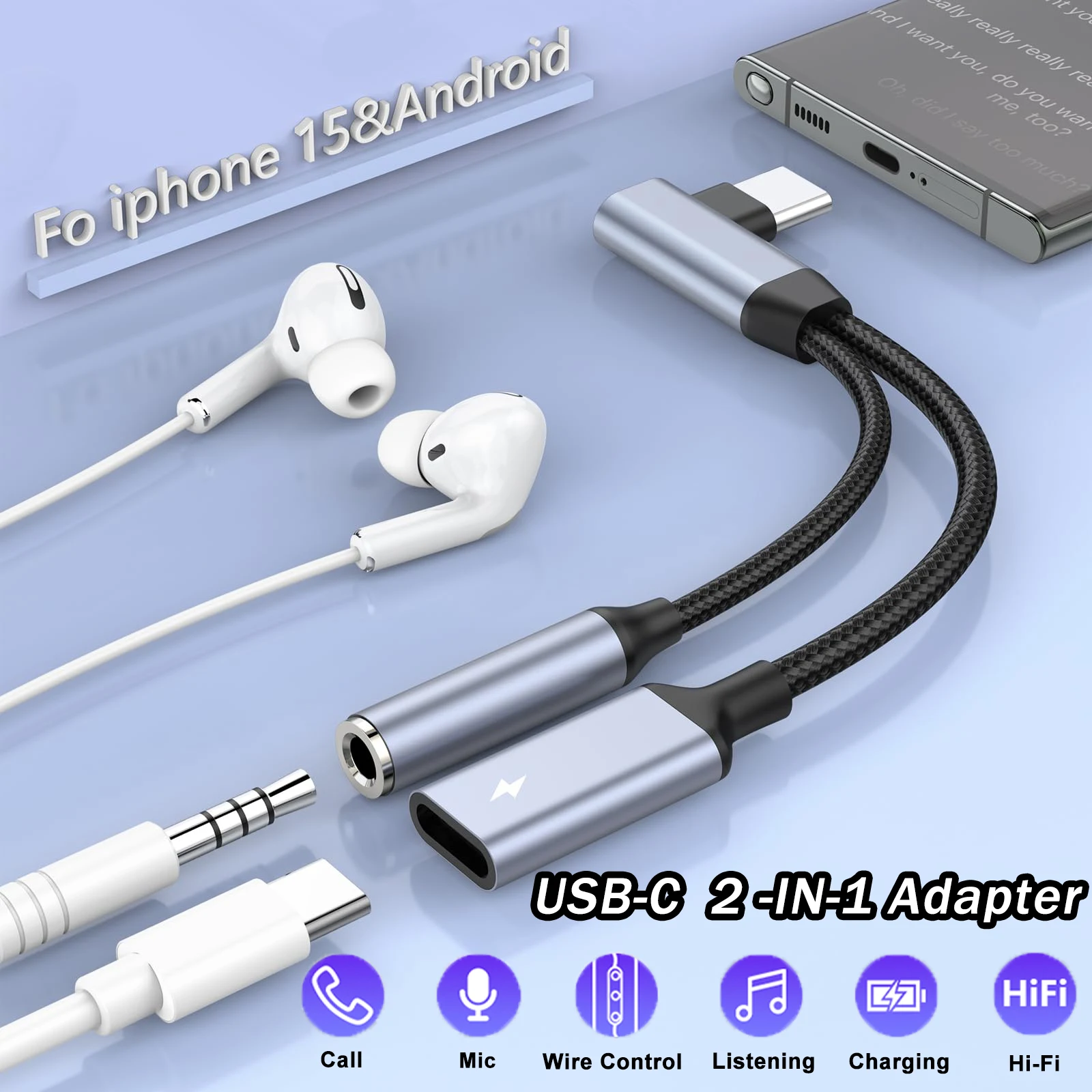 

Audio Adapter Elbow 2 IN 1 Type C to 3.5mm Headphone Jack Adapter Fast Charger 60W For iPhone 15 Samsung S22 Huawei ipad Macbook