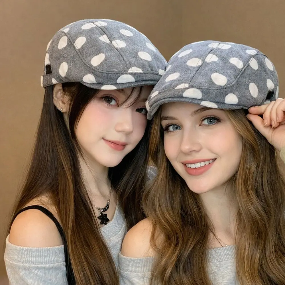 Casual Korean Style Forward Hat Big Head Polka Dot Printing Short Brim Berets Versatile Retro Sun Hat Women's Spring Autumn