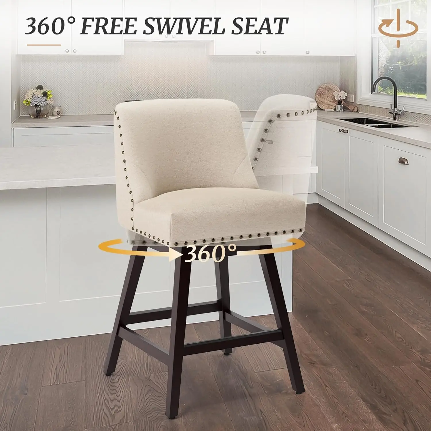 26 inch bar stool 2-piece set, with backrest, linen fabric cushion, solid wood legs with foot pedals