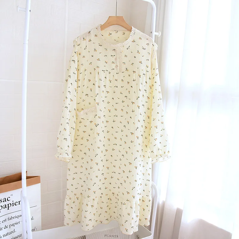 Sweet Gauze Cotton Home Nightgowns Women\'s Round Neck Nightdress Thin Section Floral Spring Summer Long Sleeve Sleepwear