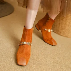 NEW Autumn/Winter Women Boots Square Toe Low Heel Shoes Sheep Suede Leather Shoes for Women Elegant Ankle Boots Zip Modern Boots