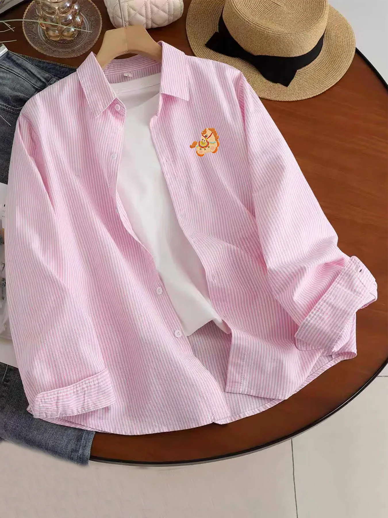 

Spring and autumn new orange curly pony long-sleeve striped shirt casual trendy men's layering shirt