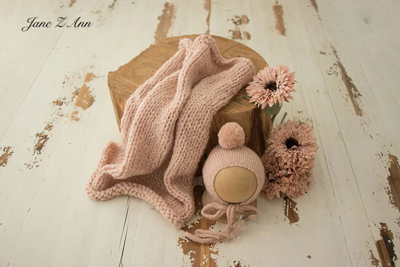 Hand knitted woven blanke 50x50cm +wool ball hat solid multi-colors newborn photography supplies props