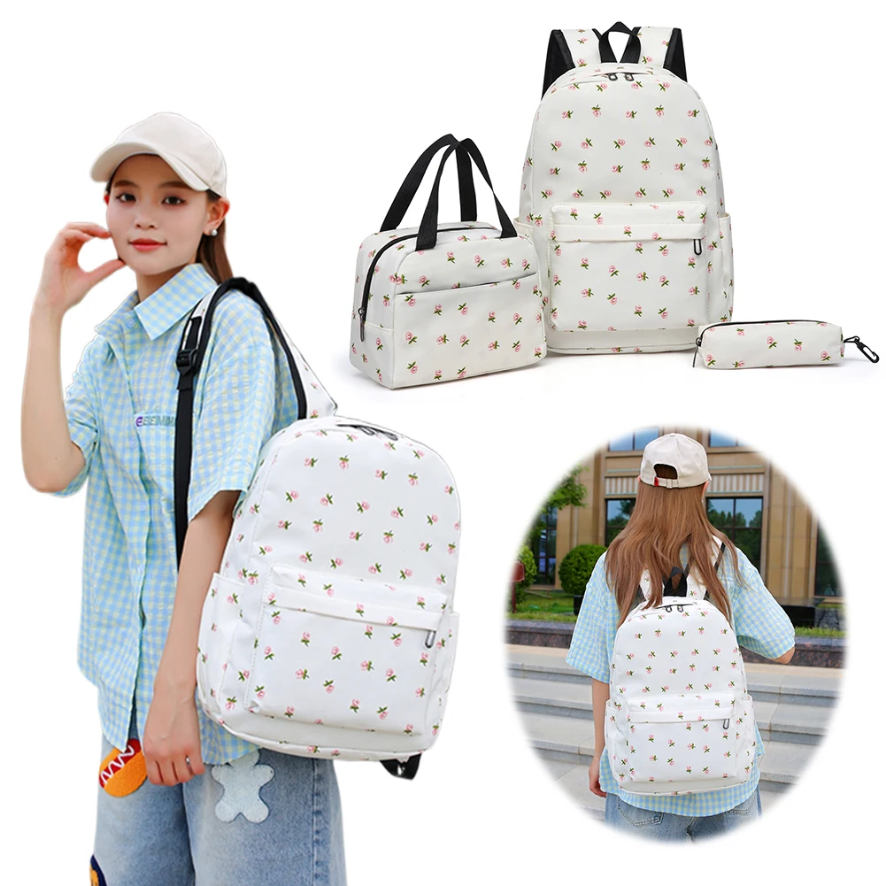 Conjunto de mochila floral para adolescentes, 3 peças, bolsa de livro com lancheira e estojo de caneta, mochila de nylon para laptop, grande capacidade, mochila de viagem