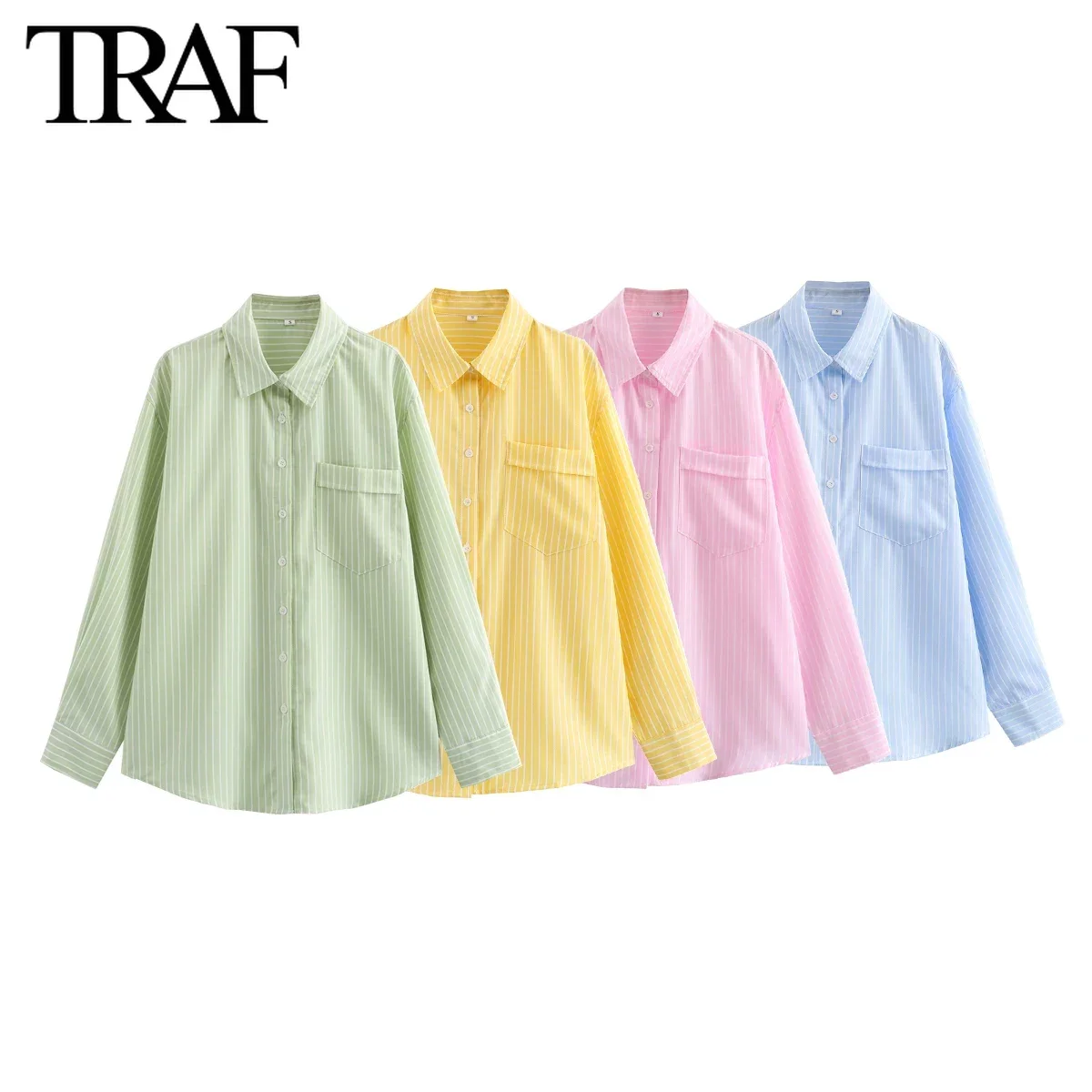 TRAF Women\'s Clothing Spring Autumn New Pocket Striped Single-breasted Lapel Long Sleeve Shirt Chic Office Ladies Tops Mujer