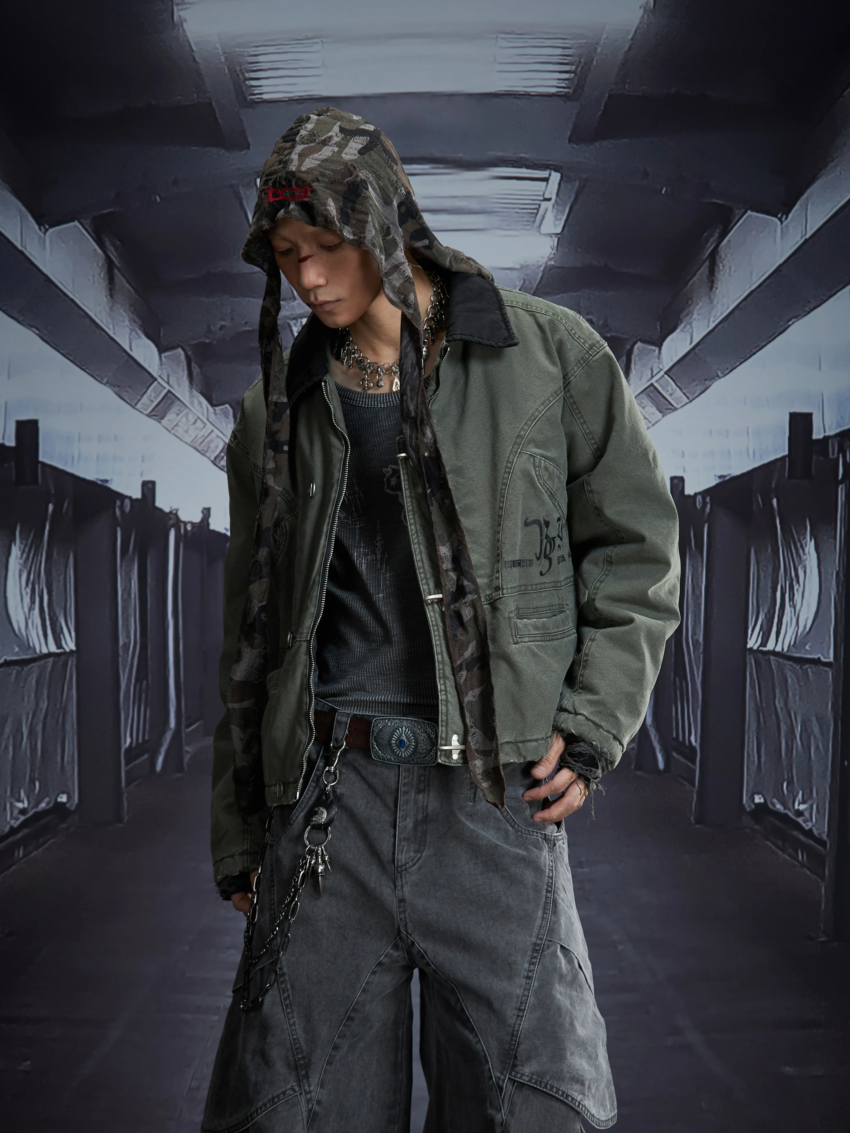Washed and Worn Vintage Printed Loose Short Padded Jacket Cotton Coat Winter Men Women