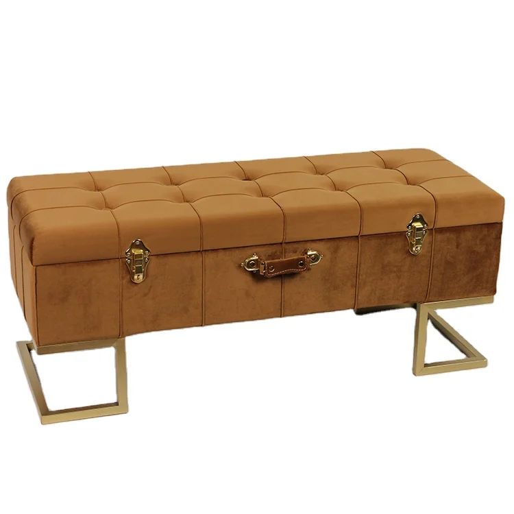 

Modern Design Luxury Stool Fabric Ottoman Green Velvet Storage Bench Box Seat Furniture with Metal Leg