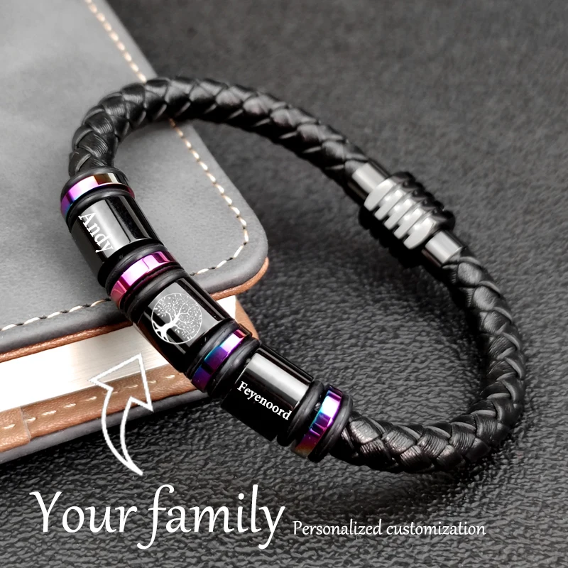 Personalized Custom Name Engraved Men Braided Leather Bracelet Colorful Stainless Steel Bead Wristband Punk Jewelry Gift for Him