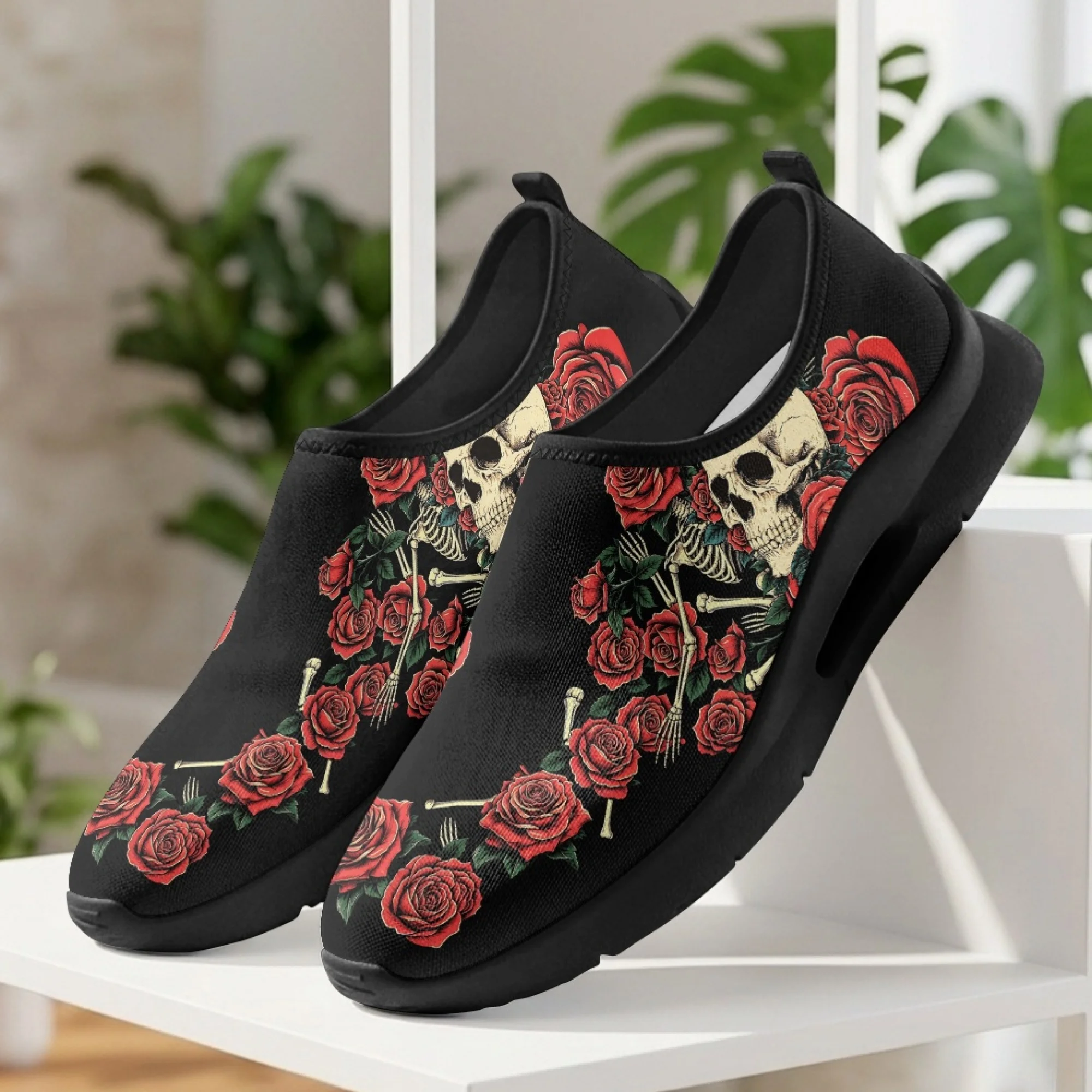 XIXIRIMIDO Skull Rose Mens Casual Shoes Slip On Walking Sneakers Womens Gym Workout Shoes Breathable Mesh Walking Sneakers 35-48