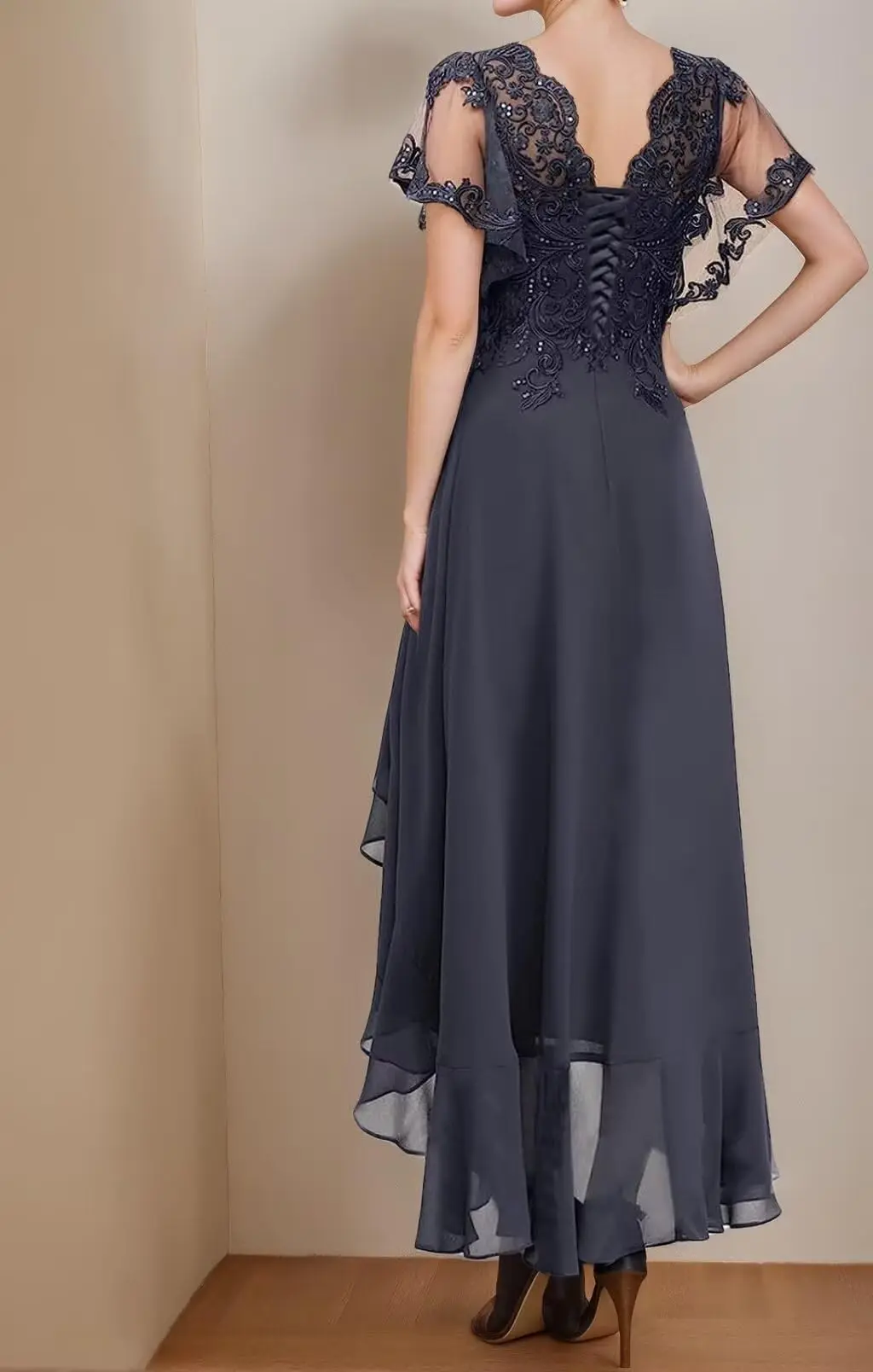 فستان شيفون مطوي بأكمام كشكشة للنساء ، فستان حفلة مسائية رسمي ، فساتين زفاف ، أم العروس ، زينة دانتيل