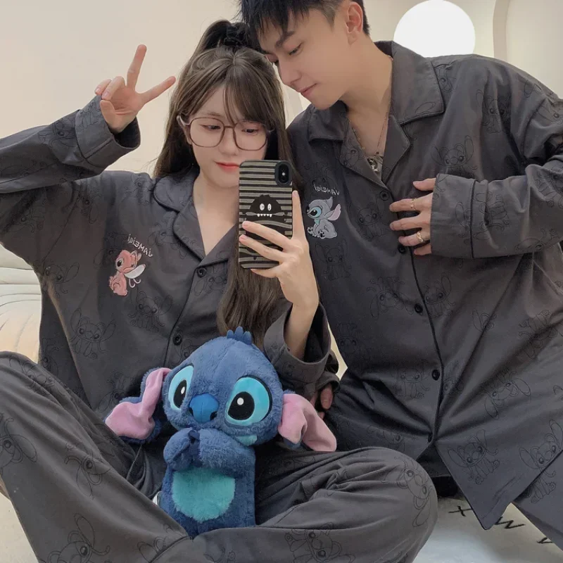 Disney Stitch autumn new casual couple pajamas long sleeves trousers pure cotton men\'s and women\'s classroom cute loungewear set