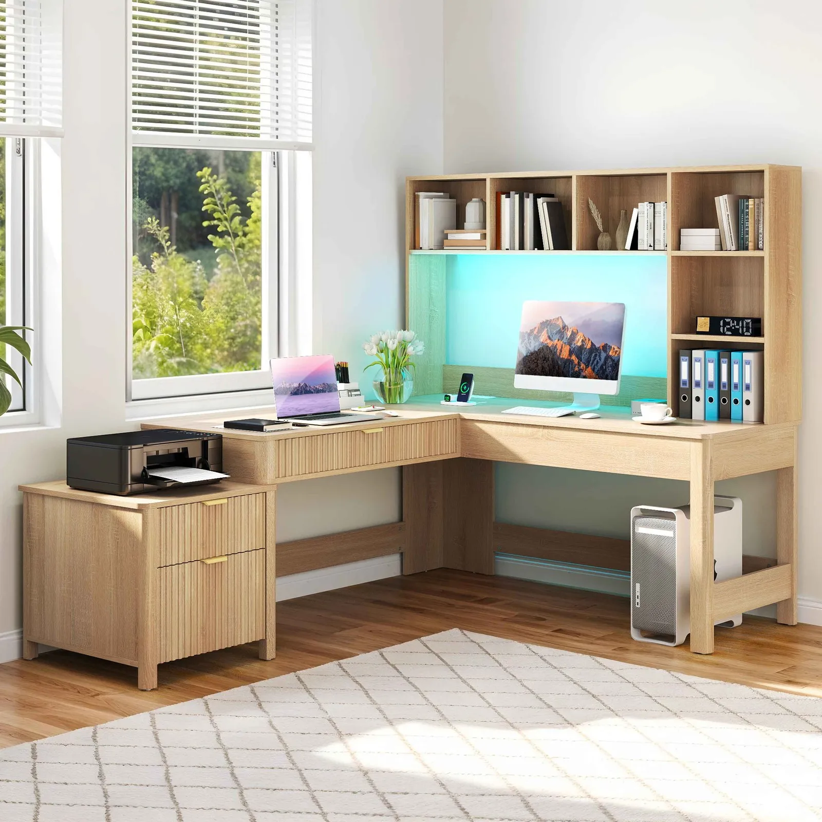 Computer desksL Shaped Desk 67 Inch Computer Desk with LED Lights Gaming Desk with Shelf Drawer Modern Office Desk for Home