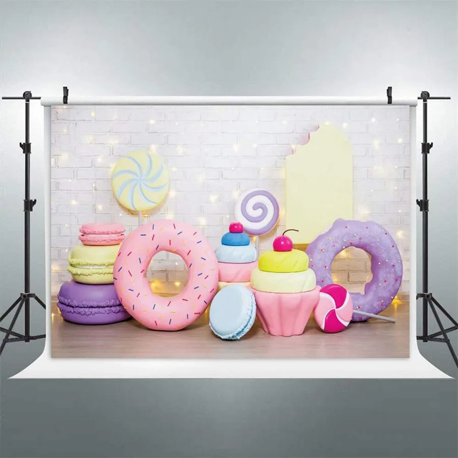 

Donut Candy Theme 1st First Birthday Backdrop Cake Smash Brick Wall Baby Shower Girl Photography Background Party Poster Banner