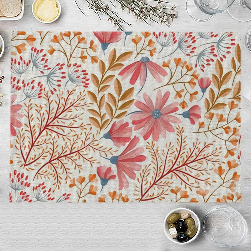 【Natural Floral】Colorful Floral & Green Leaf Print Placemat, Non-Slip & Heat-Resistant, Kitchen & Dining Table Placemat